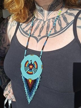 Large Modern Native-made Felt Back Beaded Thunderbird Necklace